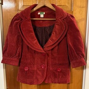 Anthropologie ETT: twa velvety soft red cropped jacket with large button details